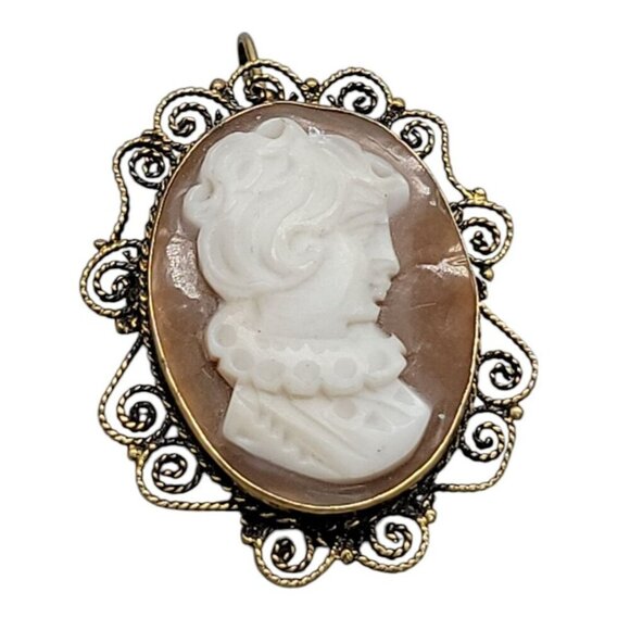 Antique Vermeil Shell Cameo Pendant Brooch Intricate Filigree Border Hair Up 925 - Picture 1 of 14